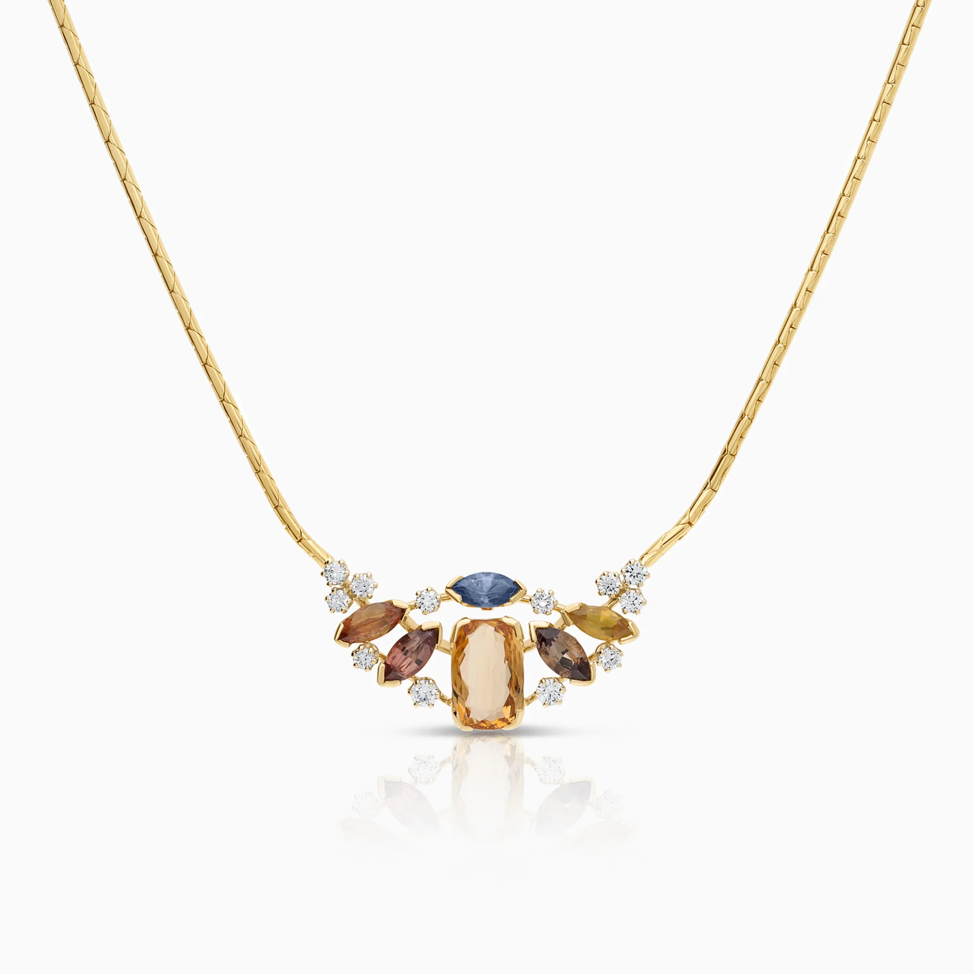 Gemstone necklace sapphires and topazes diamonds 0.43ct, 18K gold