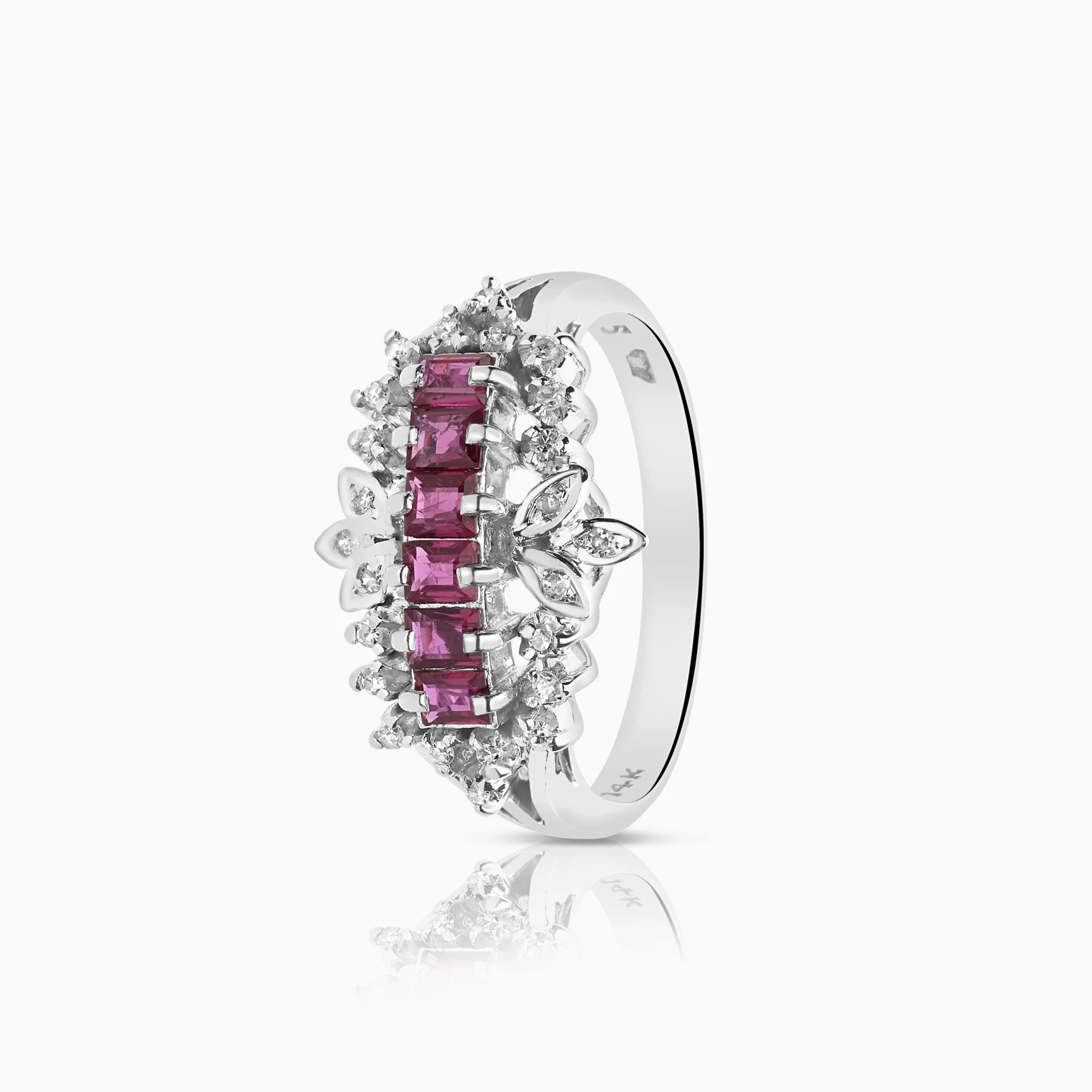 Gemstone ring with diamonds and rubies 14K white gold