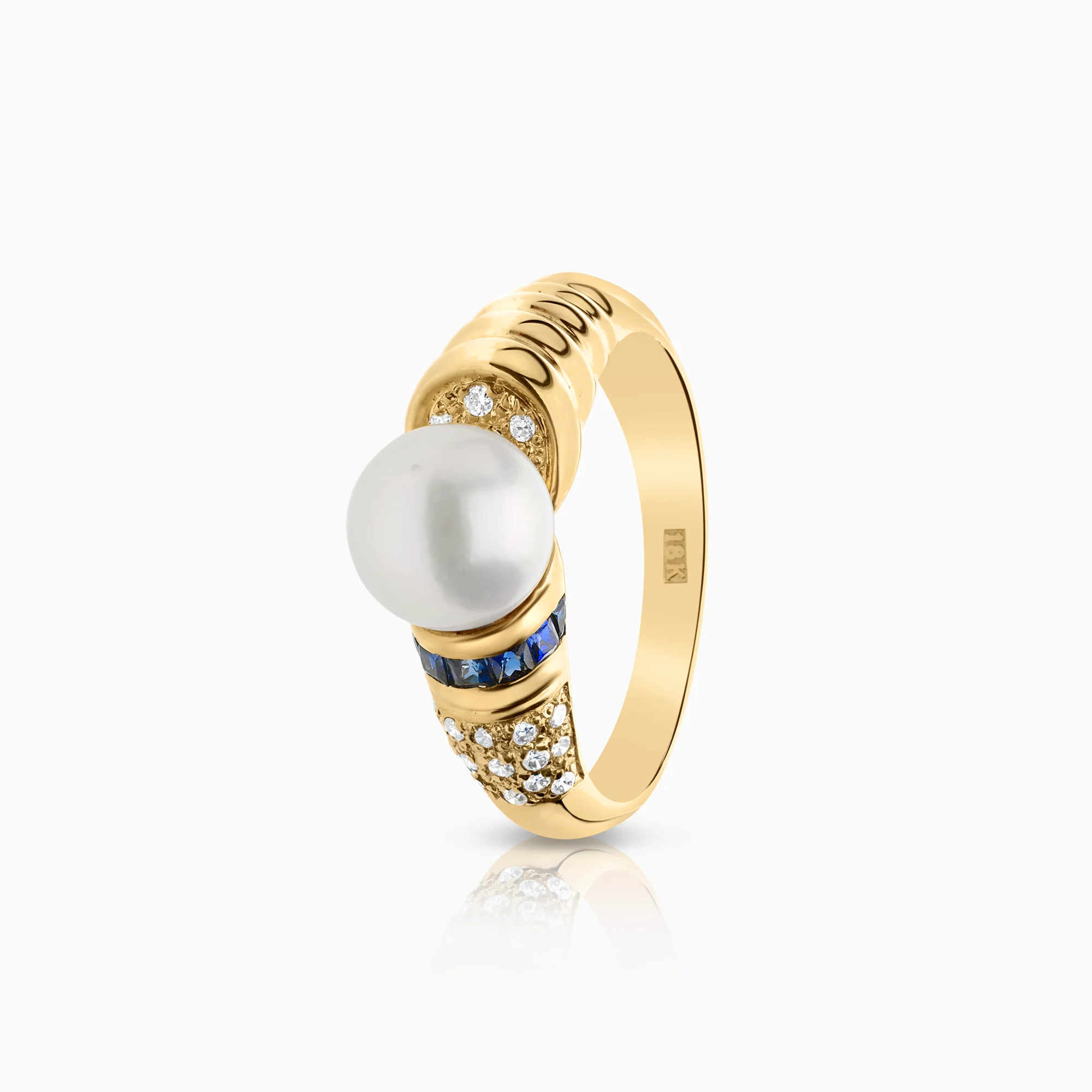 Diamond ring sapphire and cultured pearl 0.11ct 18K gold