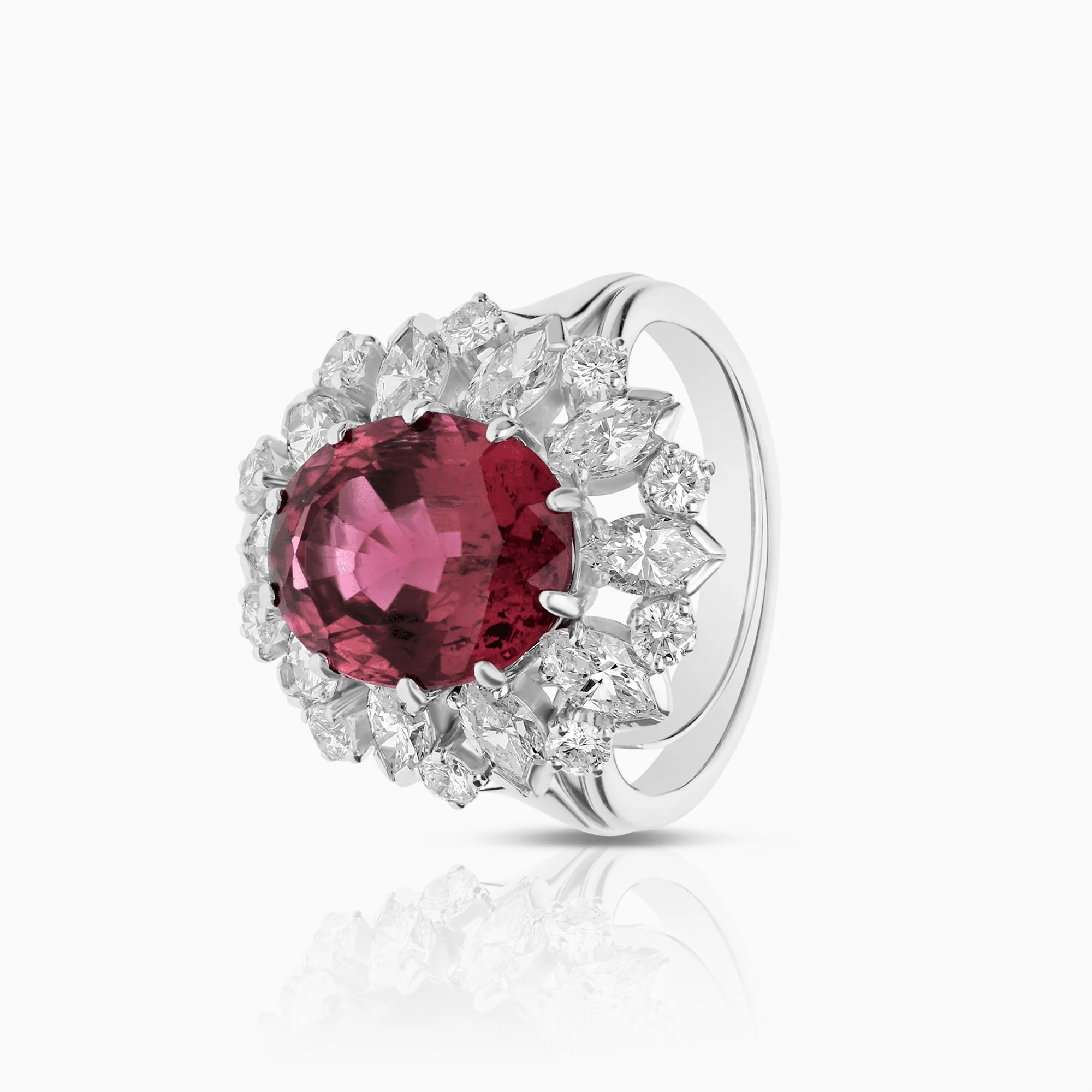 Cocktail ring with diamonds 2.00ct & deep pink rubellite 9.91ct 18K white gold