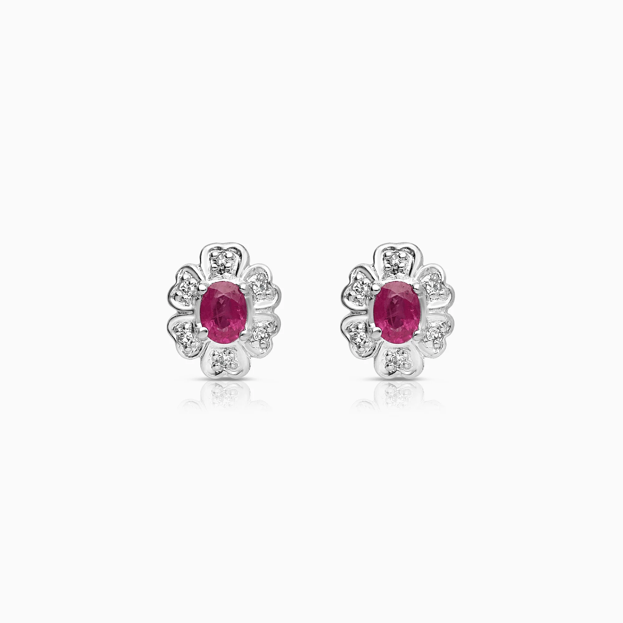 Diamond earrings with red rubies 0.04ct 18K white gold