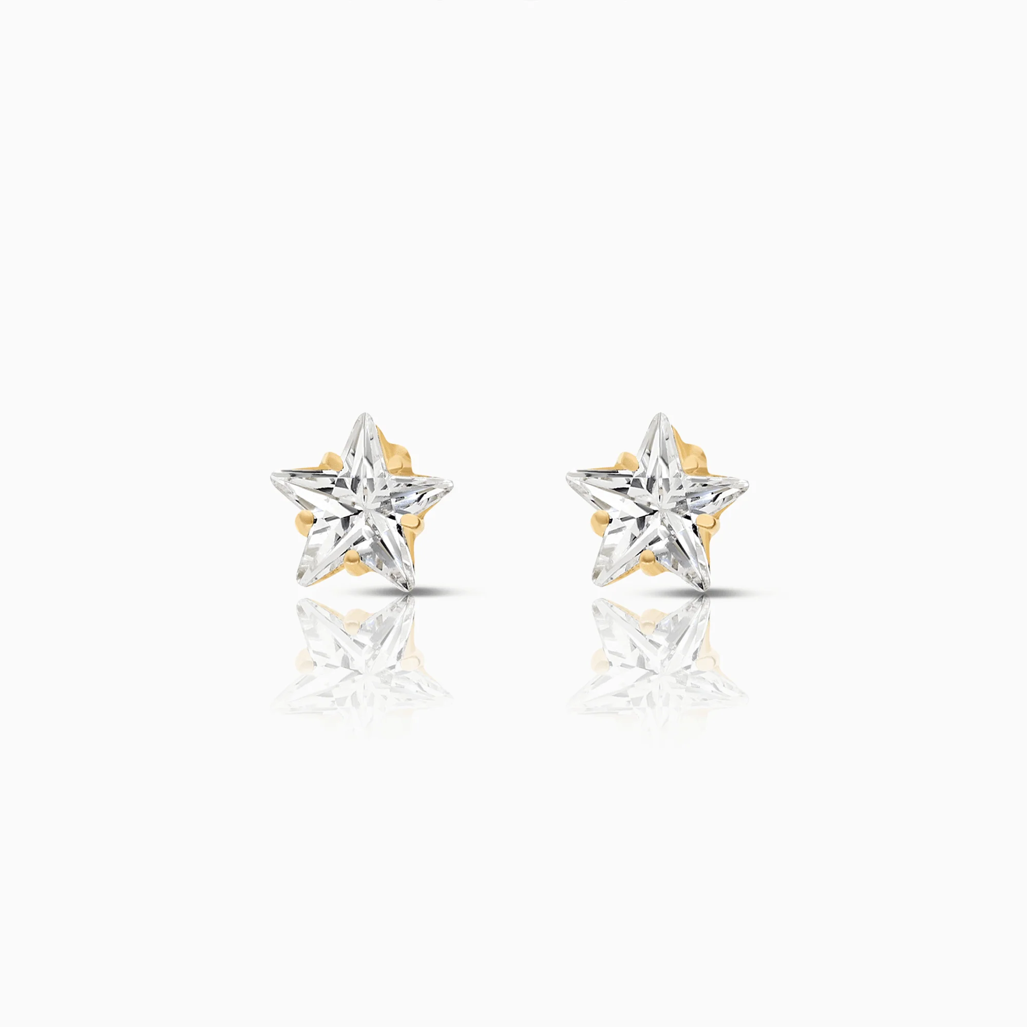 Gold Star Earrings with White Stones 18K