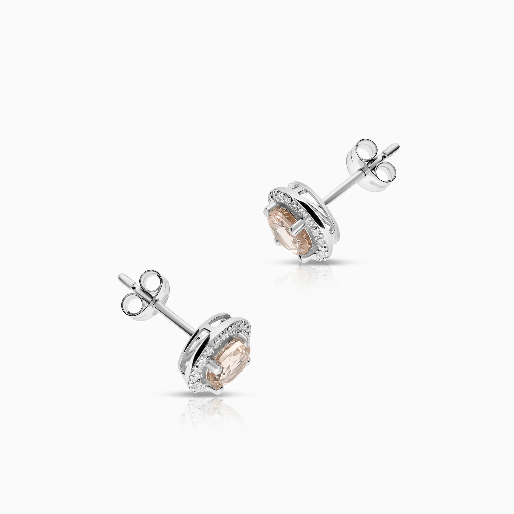 Halo earrings morganite and diamonds 0.21ct 18K white gold - Image 2