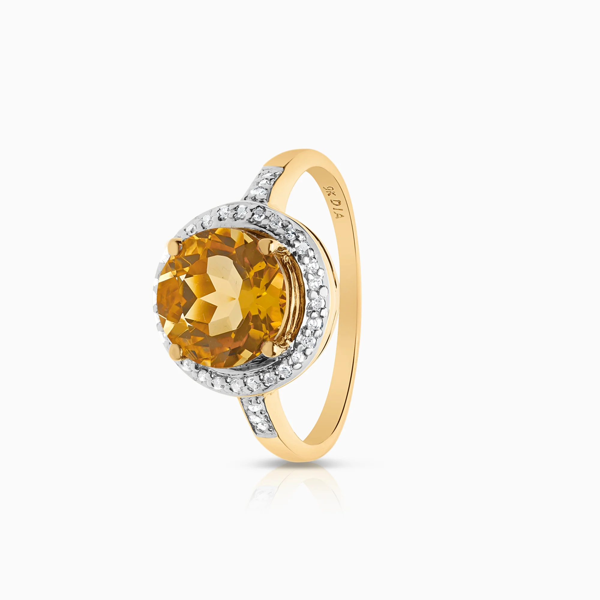 Halo ring citrine and diamonds 0.17ct 9K gold