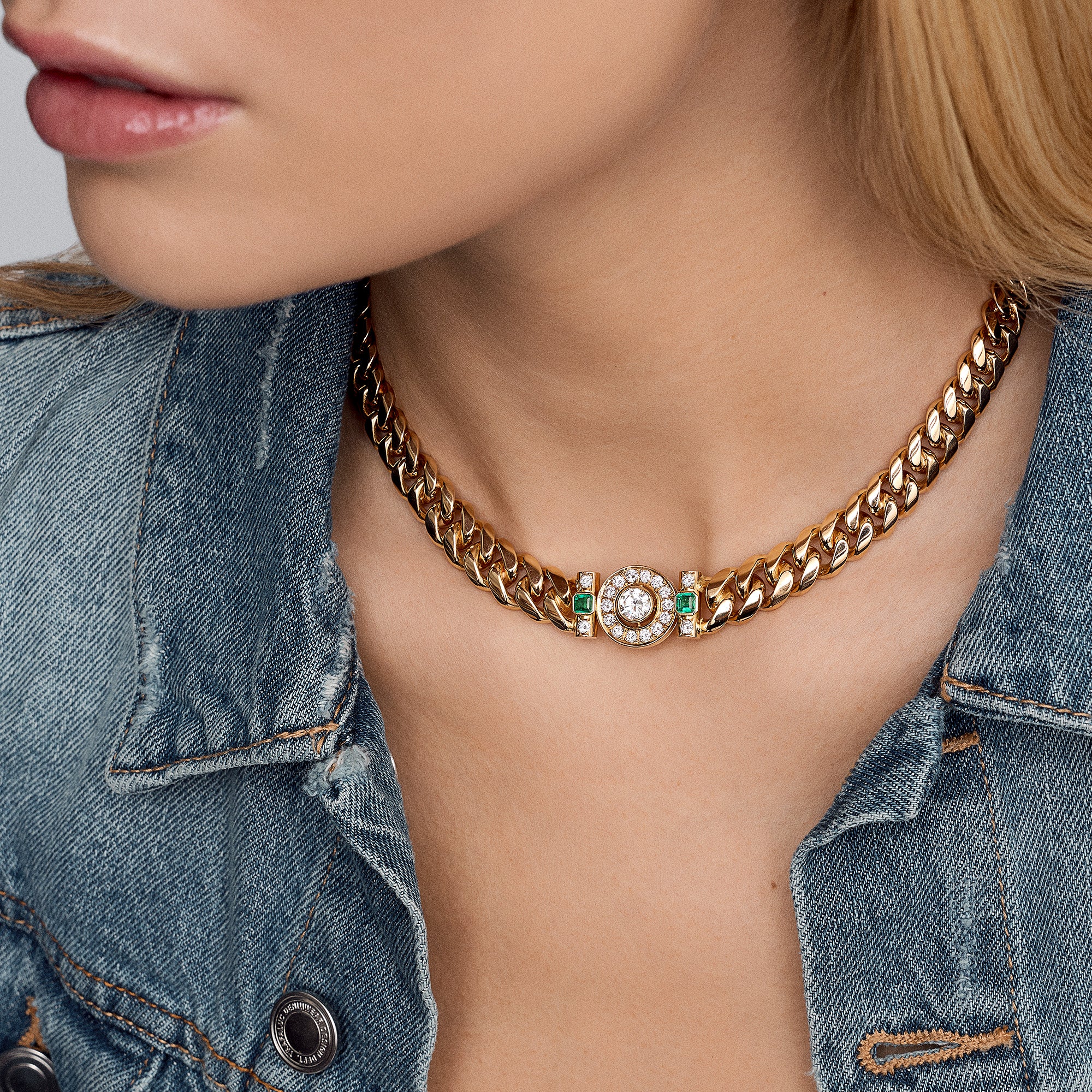 Curb chain with diamonds & emeralds 2.44ct 18K gold - Image 2