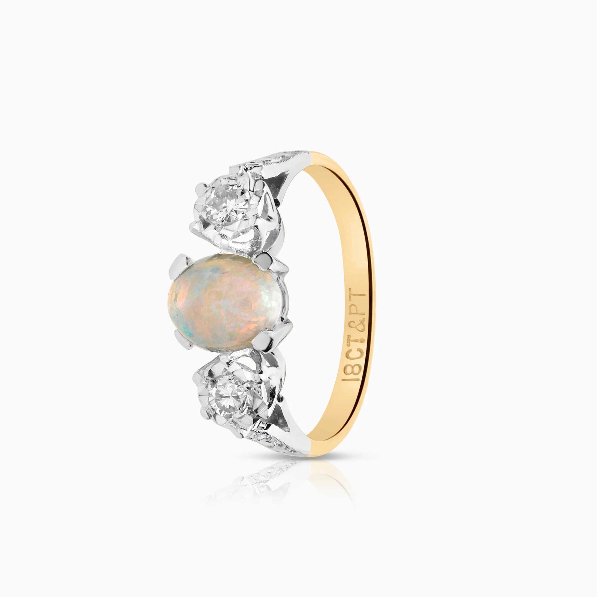 Side stone ring opal and diamonds 0.12ct 18K gold