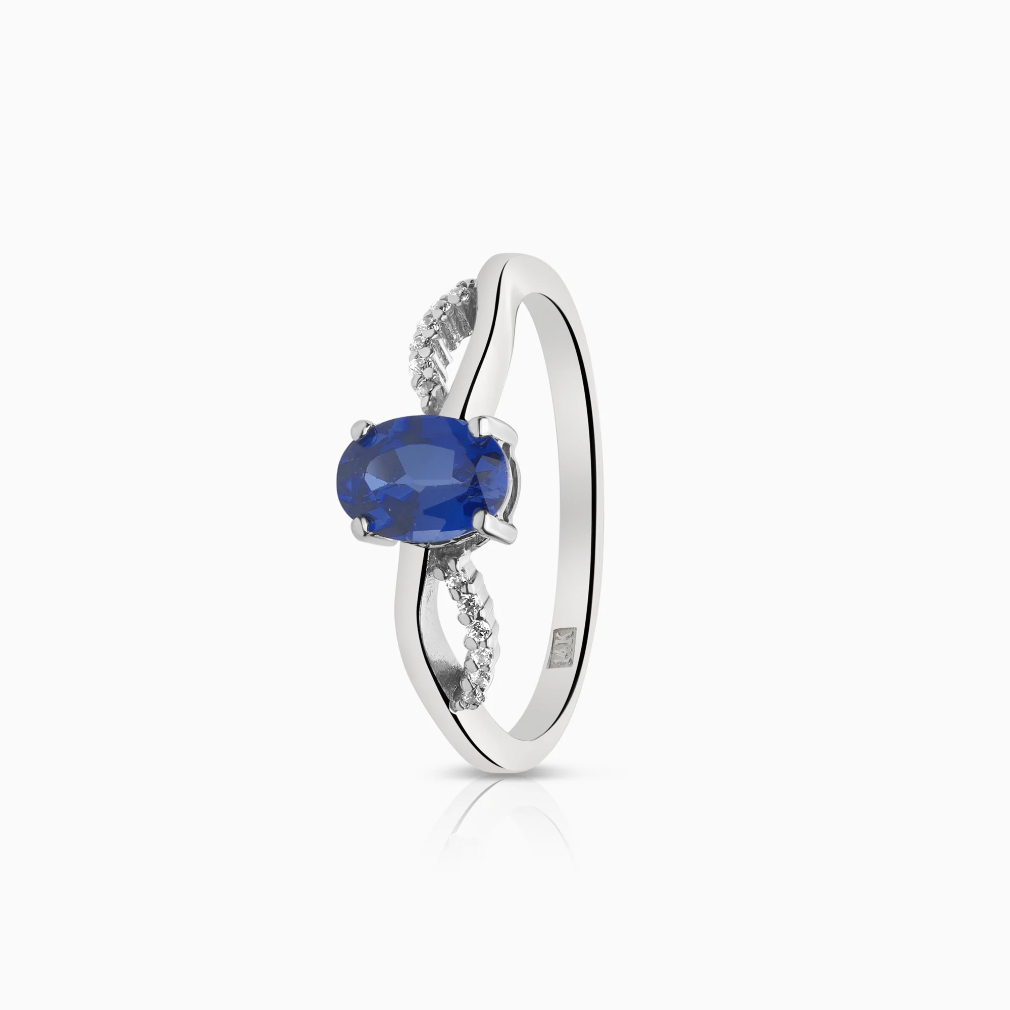 Side-stone ring sapphire and cubic zirconia 14K white gold
