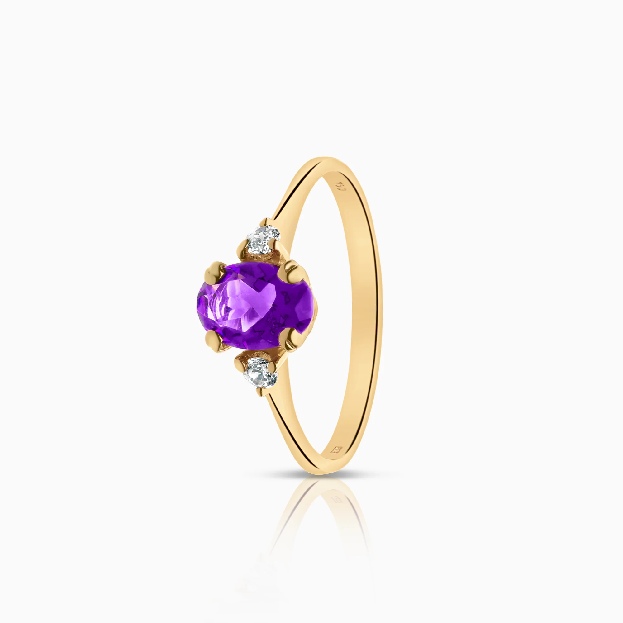Three-stone ring amethyst, cubic zirconia 1.81g 18K gold