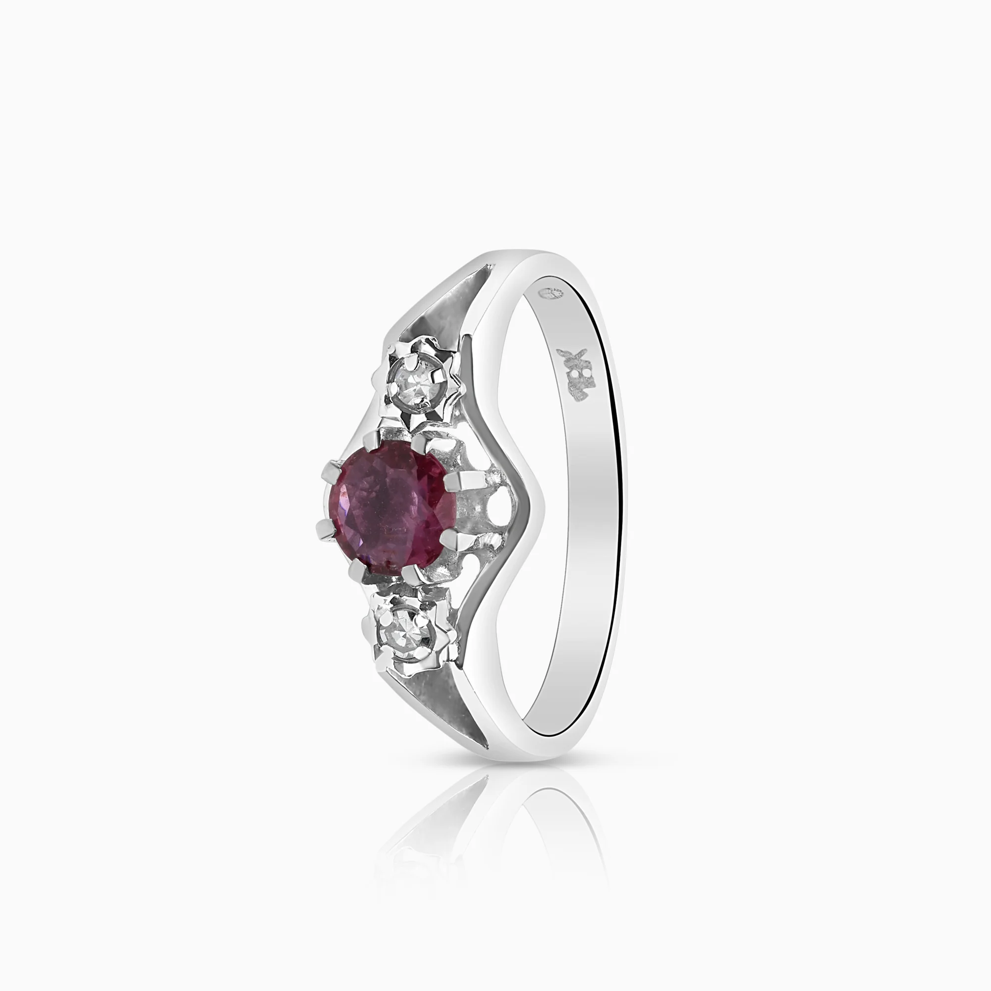 Three-stone ring ruby 0.04ct with diamonds 18K white gold